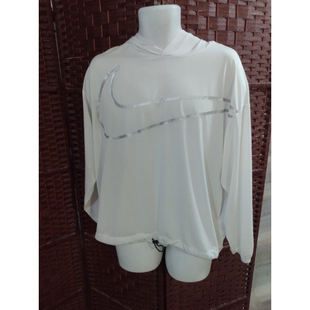 Women's Nike Pro Dri Fit Running Hoodie Shirt Mesh Medium White Big Swoosh